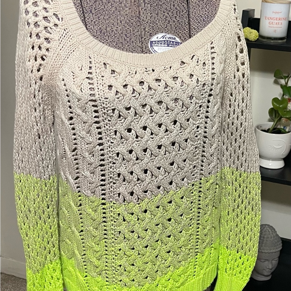 American Eagle Outfitters Beige and Lime Open Knit Sweater
